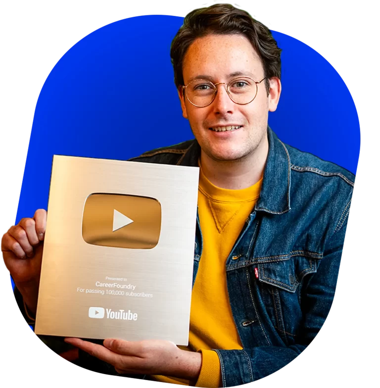 Calum Russell holding a YouTube Silver Play button Award on a blue background shape.